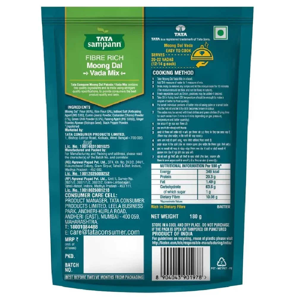 Tata Sampann Fibre Rich Moong Dal Vada Mix - Instant Ready To Cook, 180g-3.webp